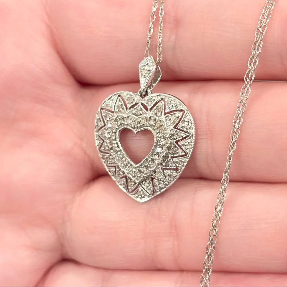 10K Diamond Heart Necklace, Dainty Filigree, Lavalier Style, White Gold, ADL - Picture 9 of 12